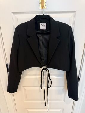 ZARA Black Cropped Tie-Front Blazer Jacket